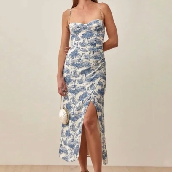 Reformation Kourtney Midi Dress in Pompadour Blue Floral Sweetheart Neck Size 10